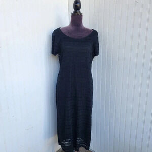 Ronni Nicole Black Midi Dress Circle Lace overlay Gold Zip Stretch Bodycon Sz 10